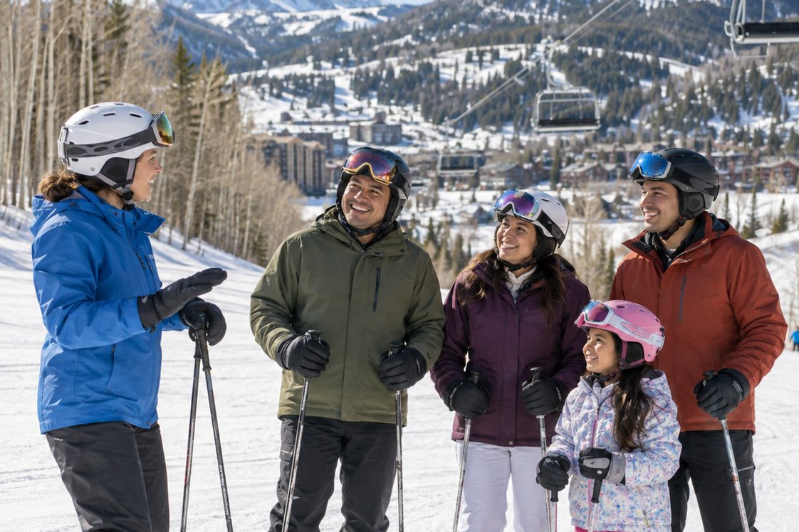 Ski instructor with a group of students on the mountain
